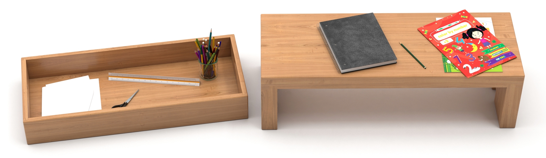 Wooden bench and crate used as a floor table, with school books on the bench, and pencils and supplies in the crate