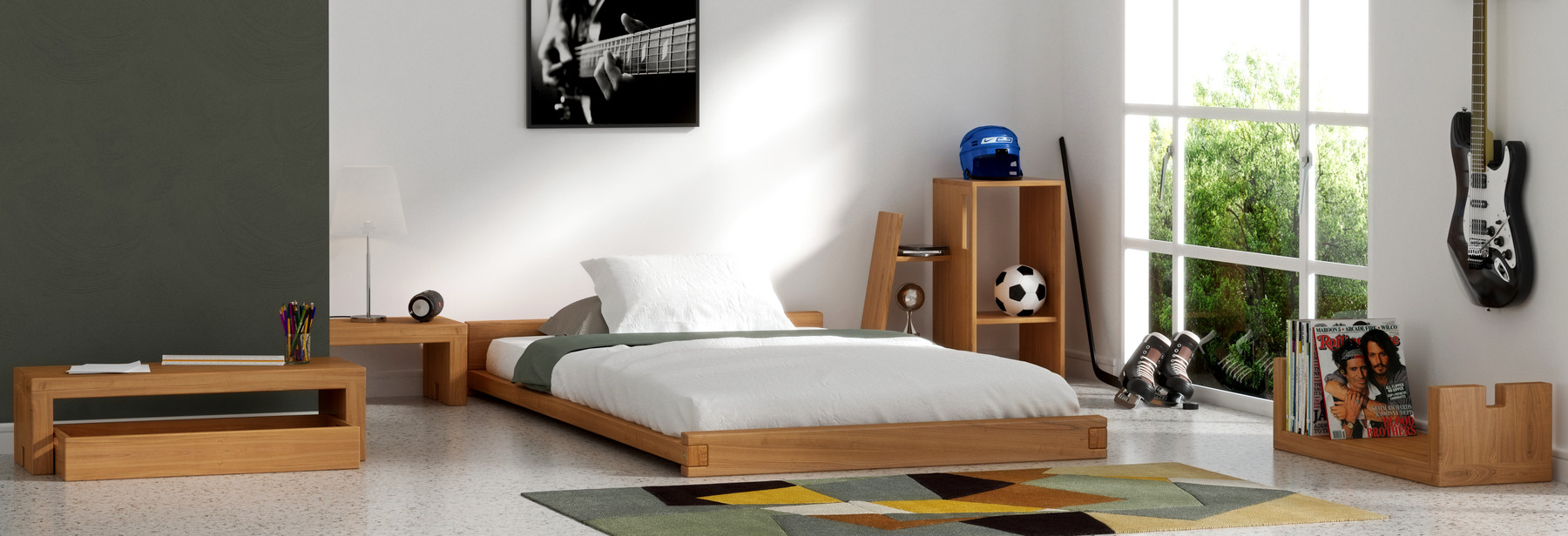 Minimaliste chambre adolescent avec des meubles en bois massif