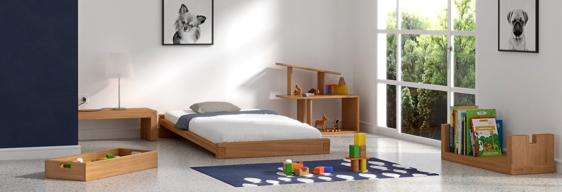 Minimaliste chambre enfant avec des meubles en bois massif