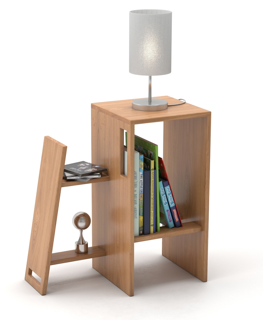 Solid wood nightstand or shelves with a teenager's belongings