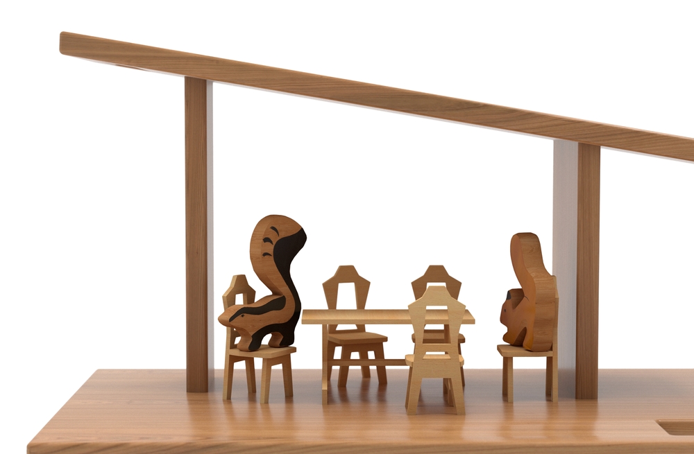 Wooden playhouse closeup with animal figures gathered at a table