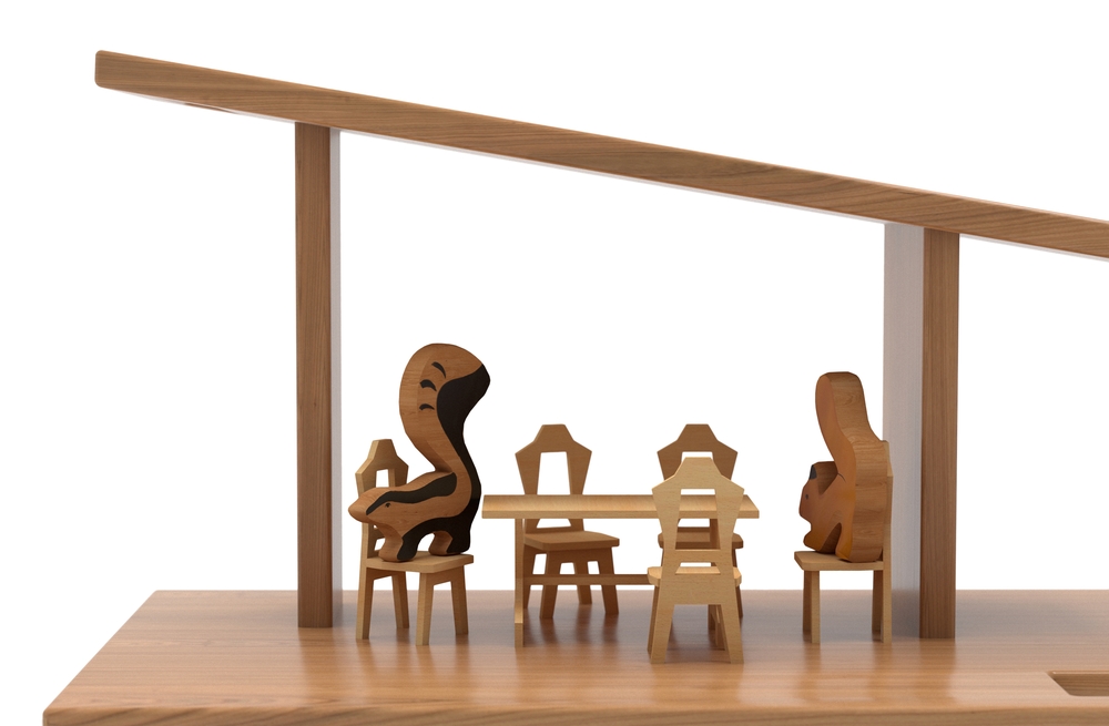 Wooden playhouse closeup with animal figures gathered at a table